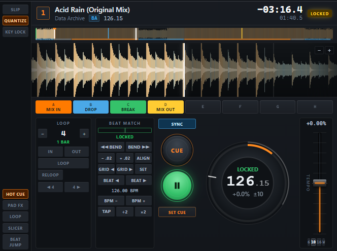 A locked deck — waveform, hot cues, beat match and the jog wheel holding 126 BPM.