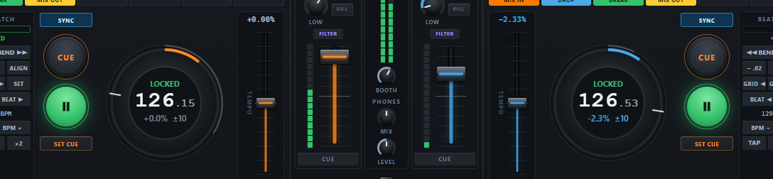 Both decks locked at 126 BPM with the mixer between them.