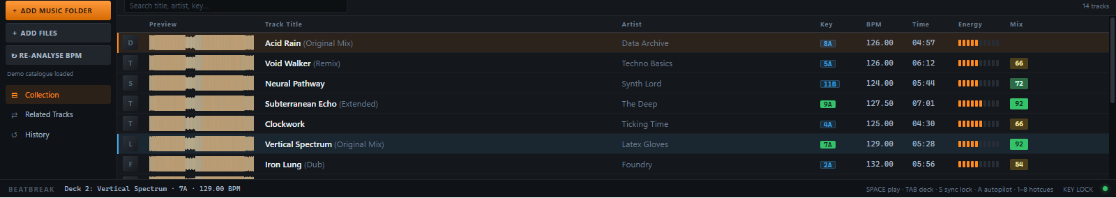 The library — tracks with key, BPM, energy and mix suggestions.