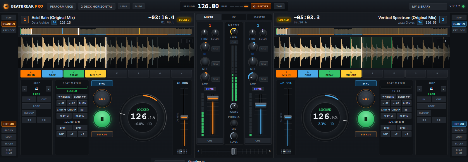 The BEATBREAK PRO console — two waveform decks, jog wheels, a real mixer and beat FX.
